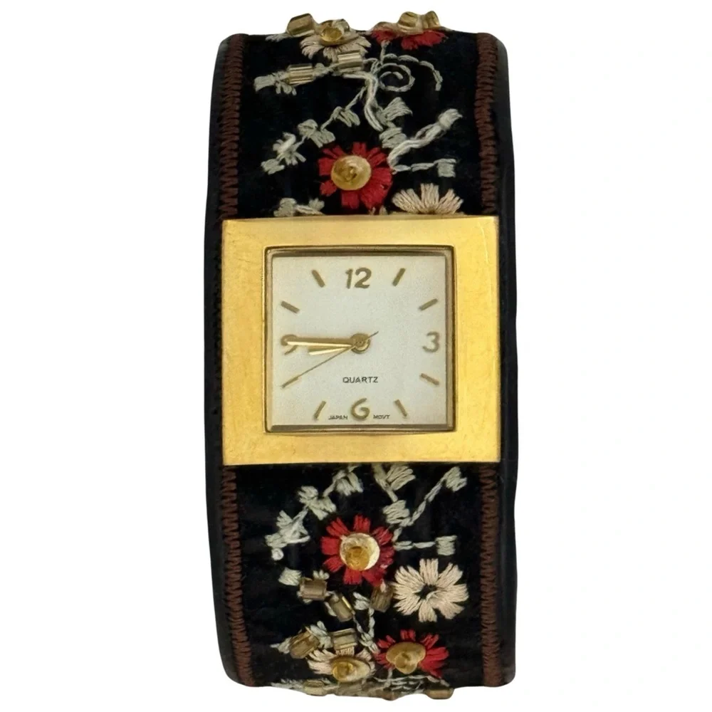 VINTAGE • Black Floral Gold Bracelet Watch New Battery Ready To Wear
